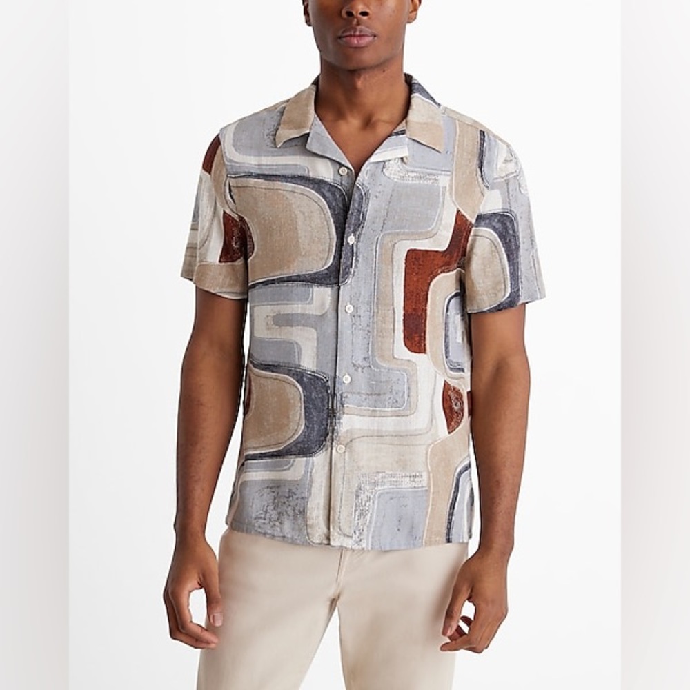 Express Abstract Linen-Blend Short Sleeve Shirt Mens M NWT